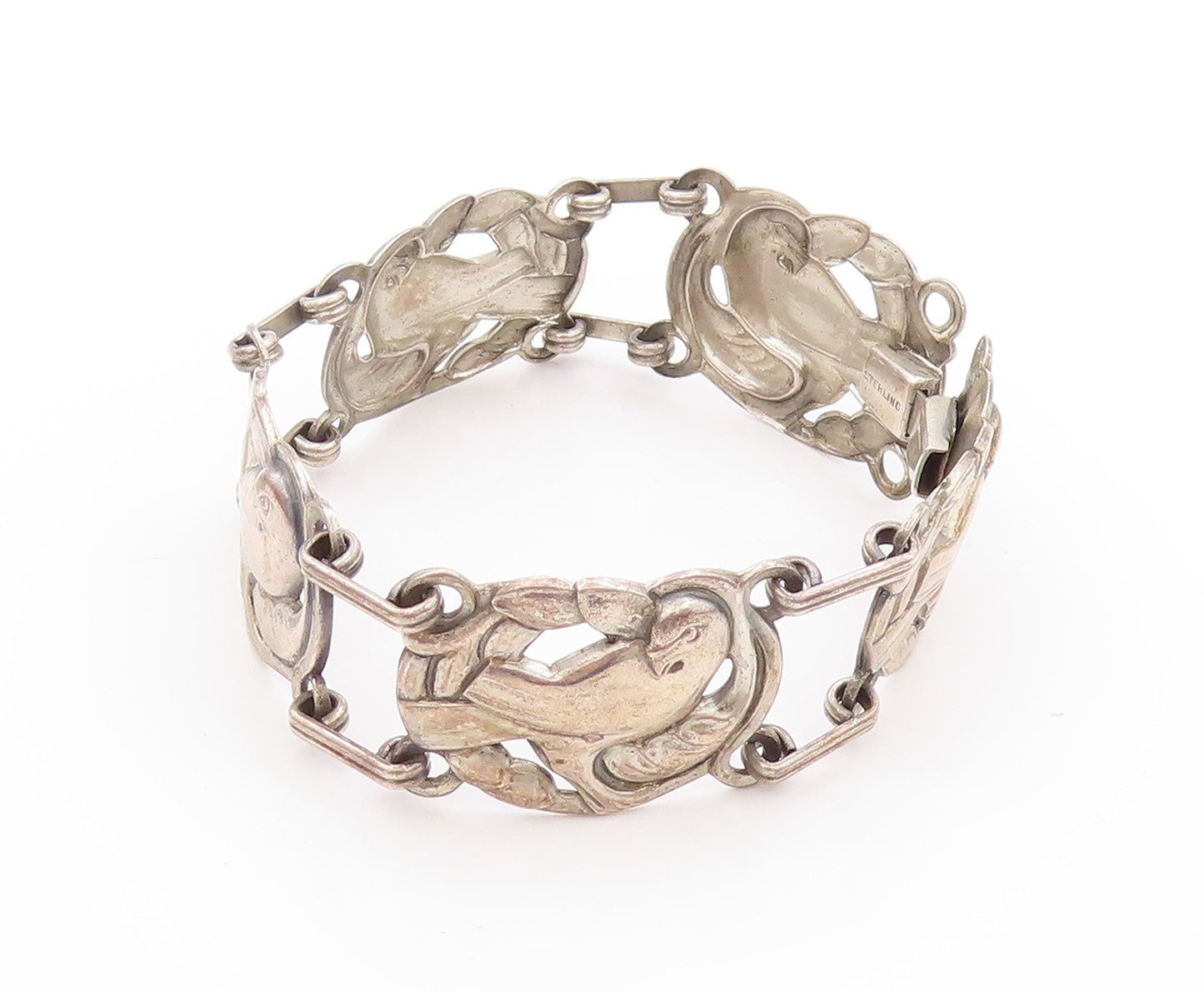 925 Sterling Silver Vintage Bracelet Antique Floral Cutout Parrot  BT11266