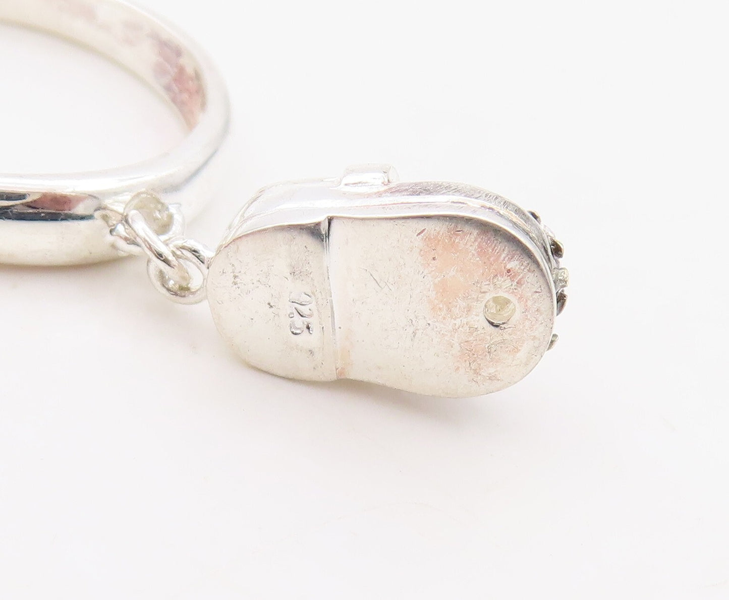 925 Sterling Silver Vintage Ring CZ Inlay Dangling Shoe Charm  Sz 7  RG31117