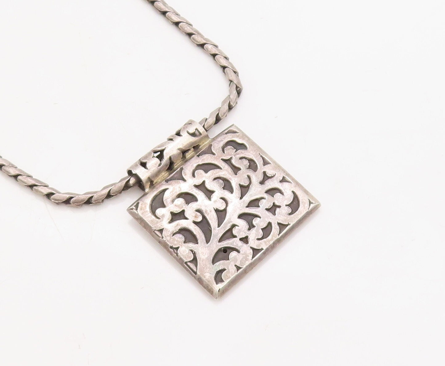 925 Sterling Silver Vintage Necklace Dark Tone Swirly Carved Square  NE4385