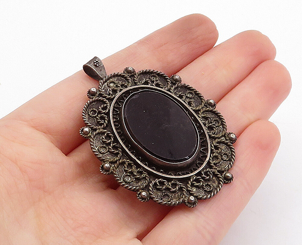 ISRAEL 925 Sterling Silver  Vintage Black Onyx Swirl Twist Brooch Pin  BP1413