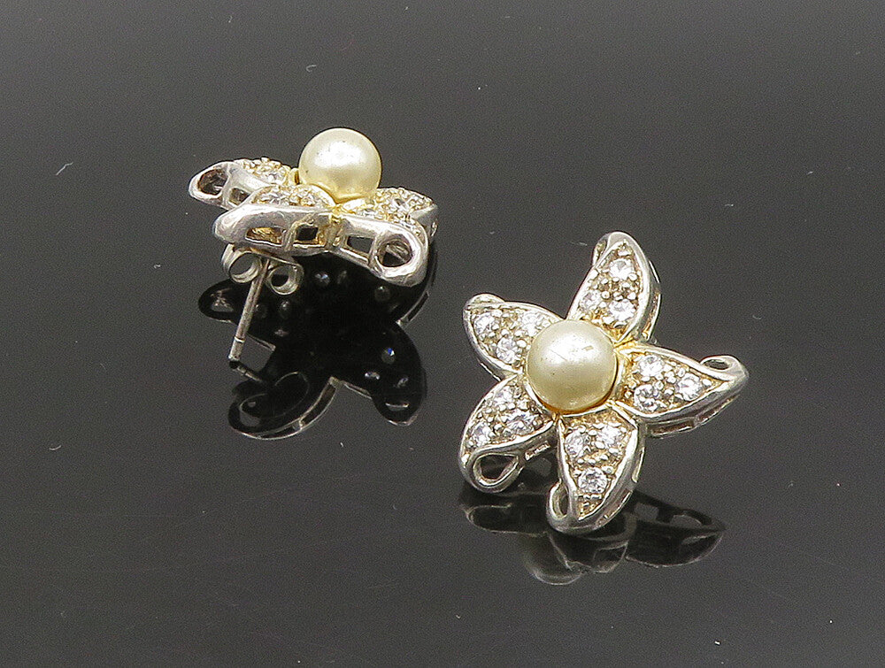 925 Silver  Vintage Cultured Pearl & Topaz Starfish Drop Earrings  EG11499