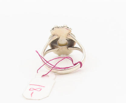 925 Sterling Silver Vintage Pearl Halo Beaded Swirly Carved Ring Sz 6 RG26982
