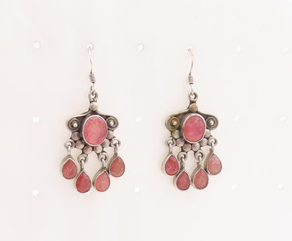 925 Sterling Silver Vintage Earrings Dark Tone Floral Carved Gemstone  EG13297