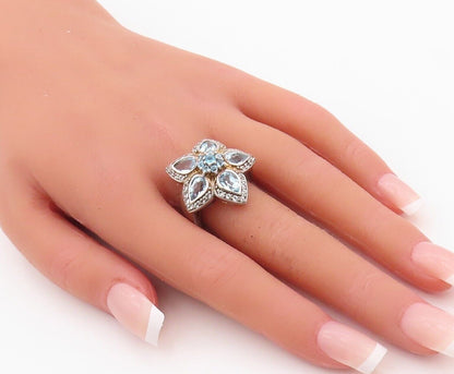 925 Sterling Silver Vintage Ring White & Blue Topaz Flower  Sz 7  RG29943