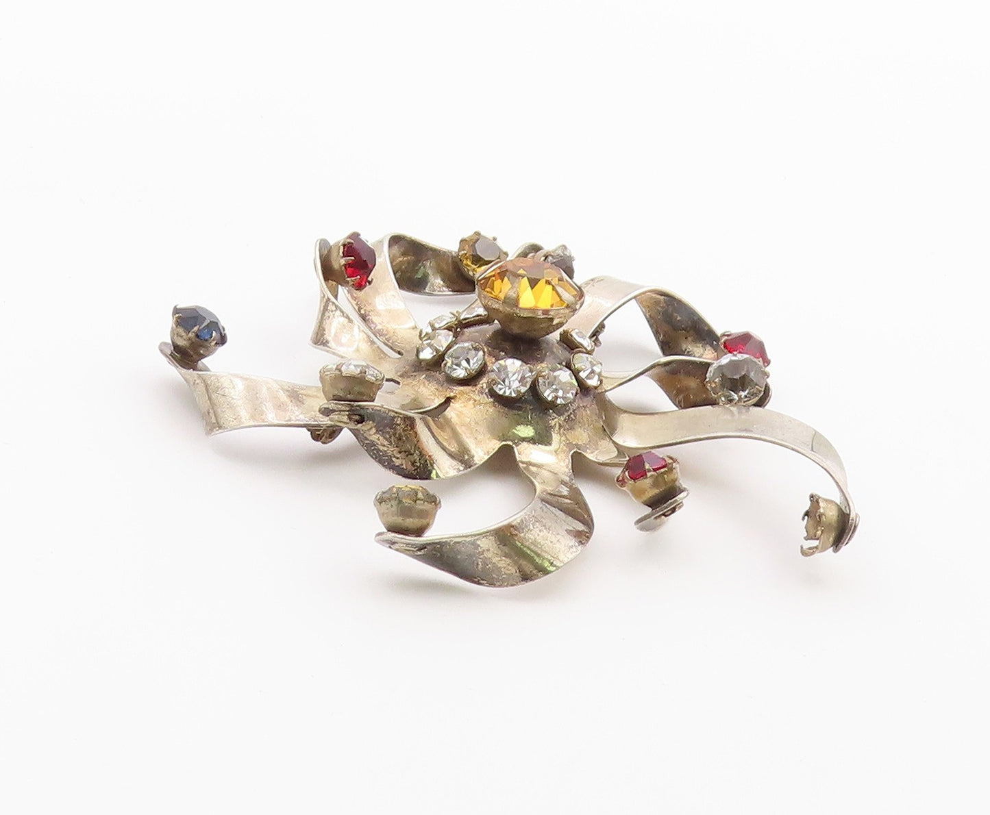925 Silver  Vintage Citrine & Cubic Zirconia Floral Ribbon Brooch Pin  BP5150