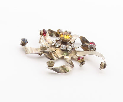 925 Silver  Vintage Citrine & Cubic Zirconia Floral Ribbon Brooch Pin  BP5150