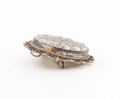 MEXICO 925 Sterling Silver  Vintage Black Onyx Floral Design Brooch Pin BP5673