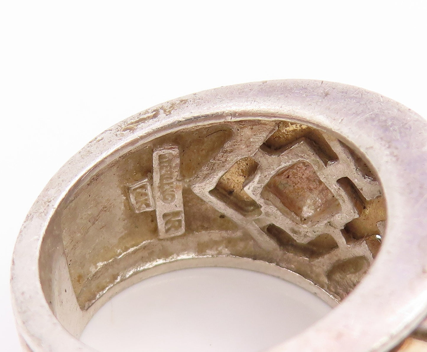 14k Gold & 925 Sterling Silver Vintage Ring Geometric Quilt Band Sz 6.5 RG35793