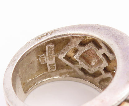 14k Gold & 925 Sterling Silver Vintage Ring Geometric Quilt Band Sz 6.5 RG35793