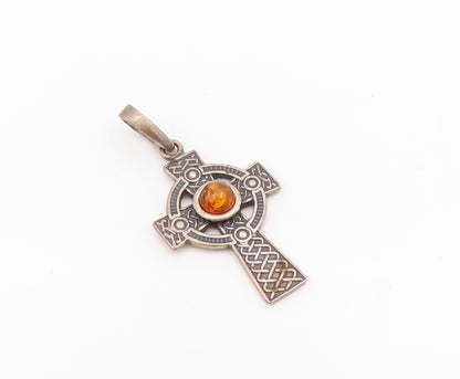 925 Sterling Silver Vintage Pendant Cabochon Amber Religious Cross  PT24260