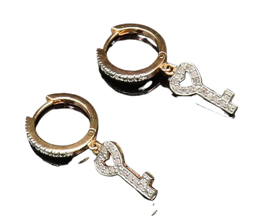 925 Silver  Vintage Gold Plated Genuine Diamonds Love Key Earrings  EG12071