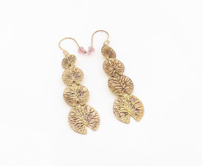 925 Sterling Silver Vintage Earrings Gold Plated Etched Lotus Leaf Drop  EG13887