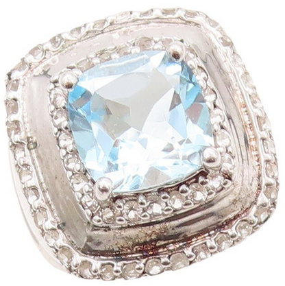 925 Sterling Silver Vintage Ring Large White Square Cut Blue Topaz  Sz 7 RG30787