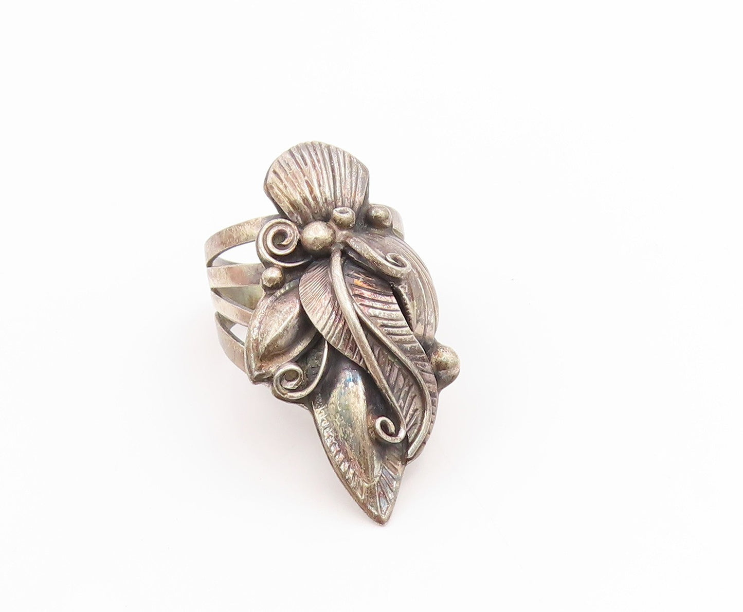 925 Sterling Silver Vintage Ring NAVAJO Flower & Feather Band  Sz 8.5  RG36123