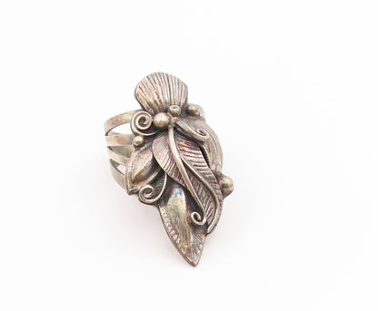 925 Sterling Silver Vintage Ring NAVAJO Flower & Feather Band  Sz 8.5  RG36123