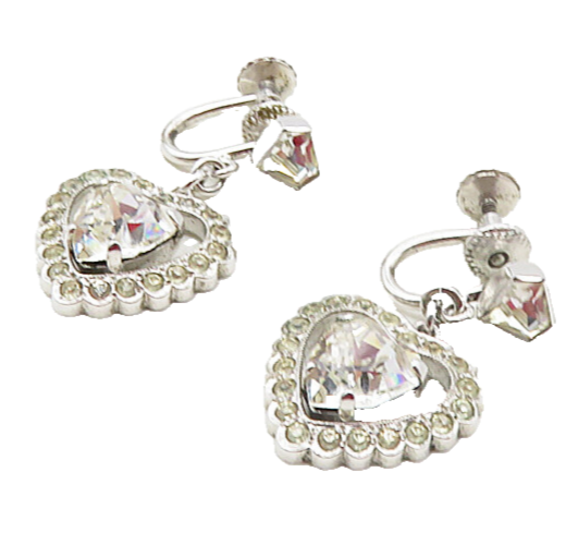 925 Silver  Vintage Cubic Zirconia Heart Non Pierce Dangle Earrings  EG4763