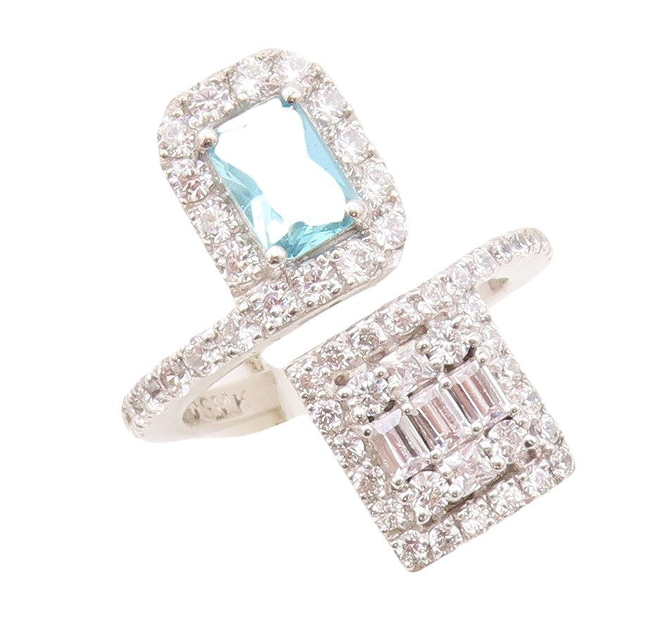 925 Sterling Silver Vintage Ring Designer Blue & White Topaz Bypass Sz 7 RG30462