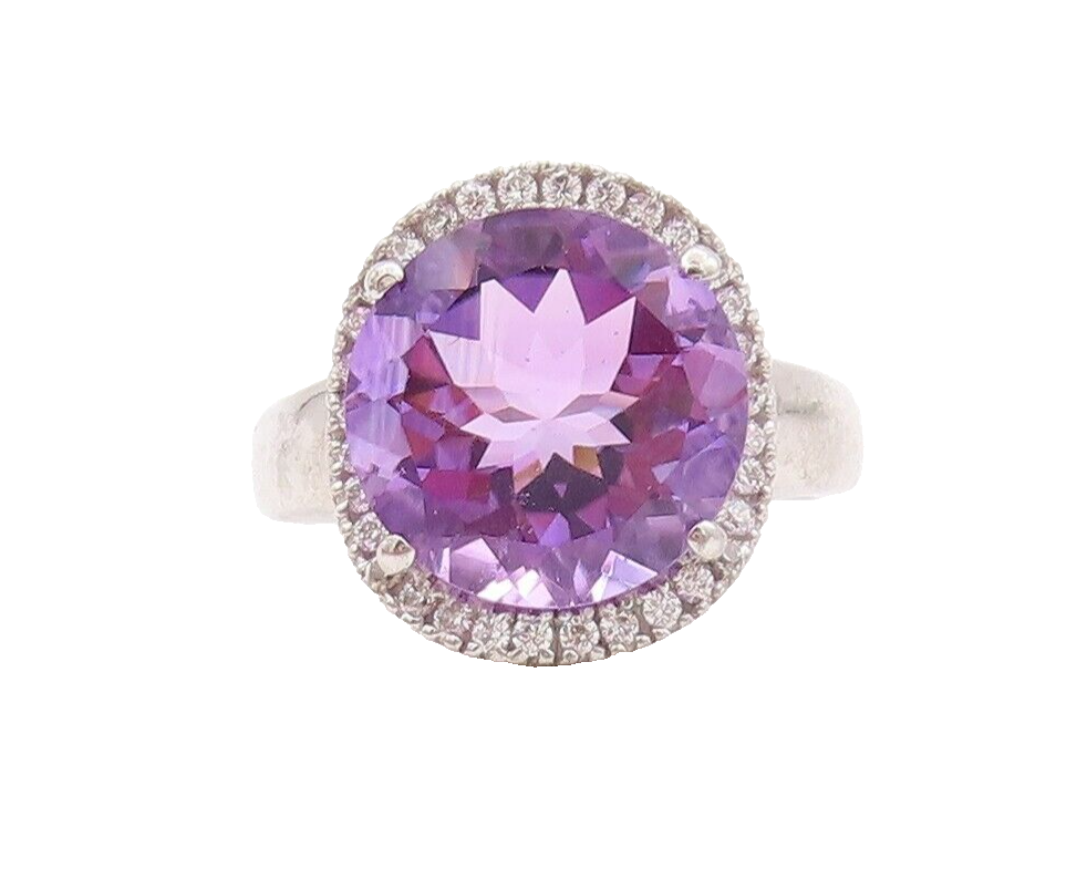925 Sterling Silver Vintage Ring Round Cut Amethyst Halo CZ  Sz 7.5  RG29571