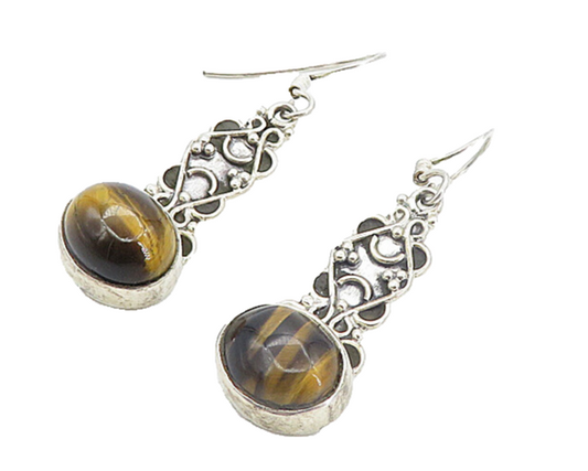 925 Sterling Silver  Vintage Cabochon Cut Tiger's Eye Dangle Earrings  EG3443