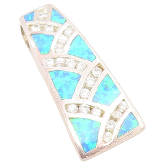 925 Sterling Silver Vintage Pendant Fire Opal & CZ Geometric Inlay Charm PT26646
