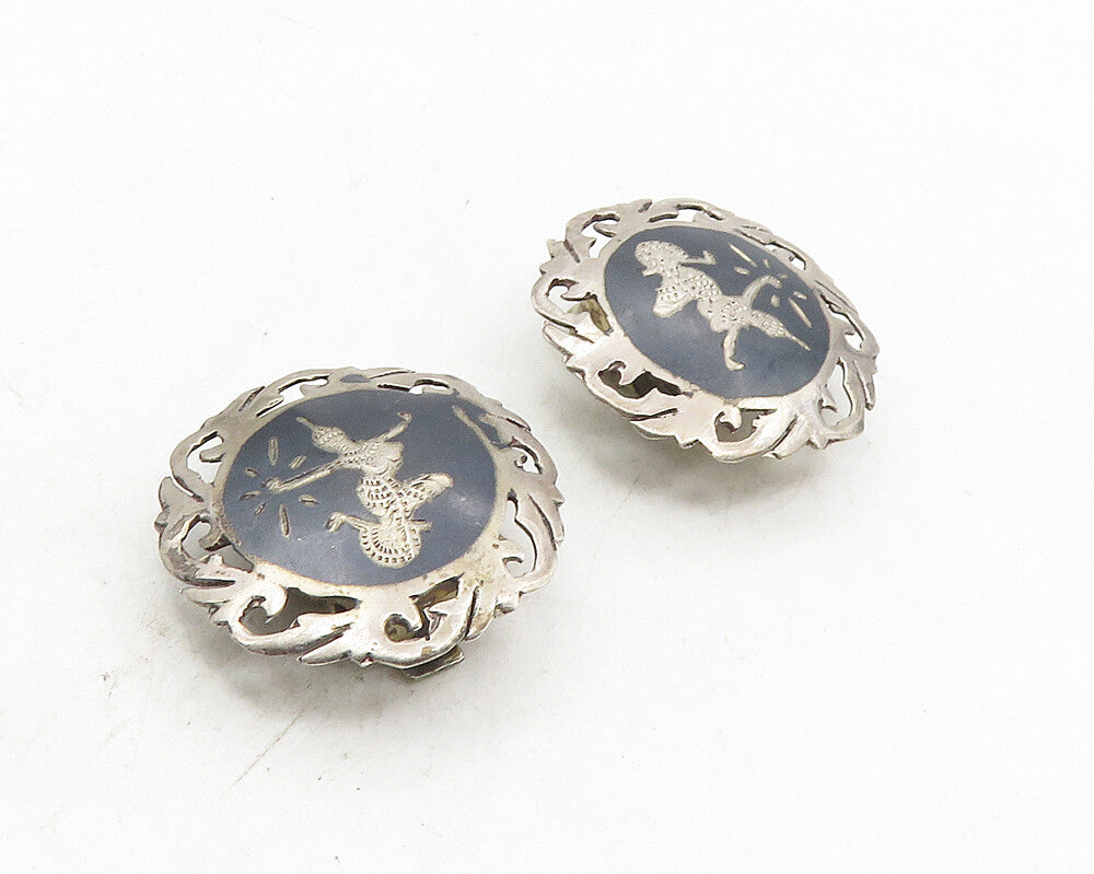 SIAM 925 Silver  Vintage Enamel Niello Dancer Non Pierce Earrings  EG5339