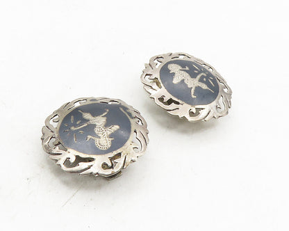 SIAM 925 Silver  Vintage Enamel Niello Dancer Non Pierce Earrings  EG5339