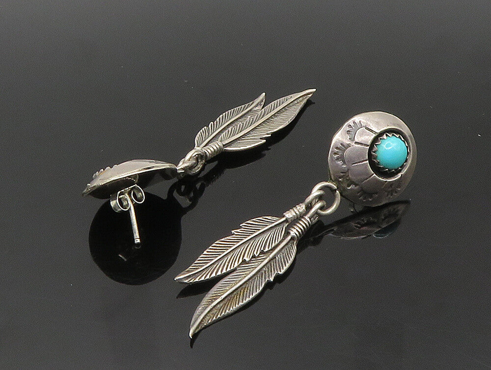 NAVAJO 925 Sterling Silver  Vintage Turquoise Feather Dangle Earrings  EG11554
