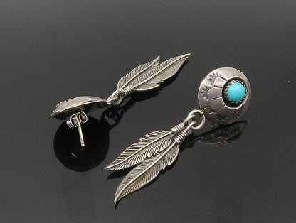 NAVAJO 925 Sterling Silver  Vintage Turquoise Feather Dangle Earrings  EG11554