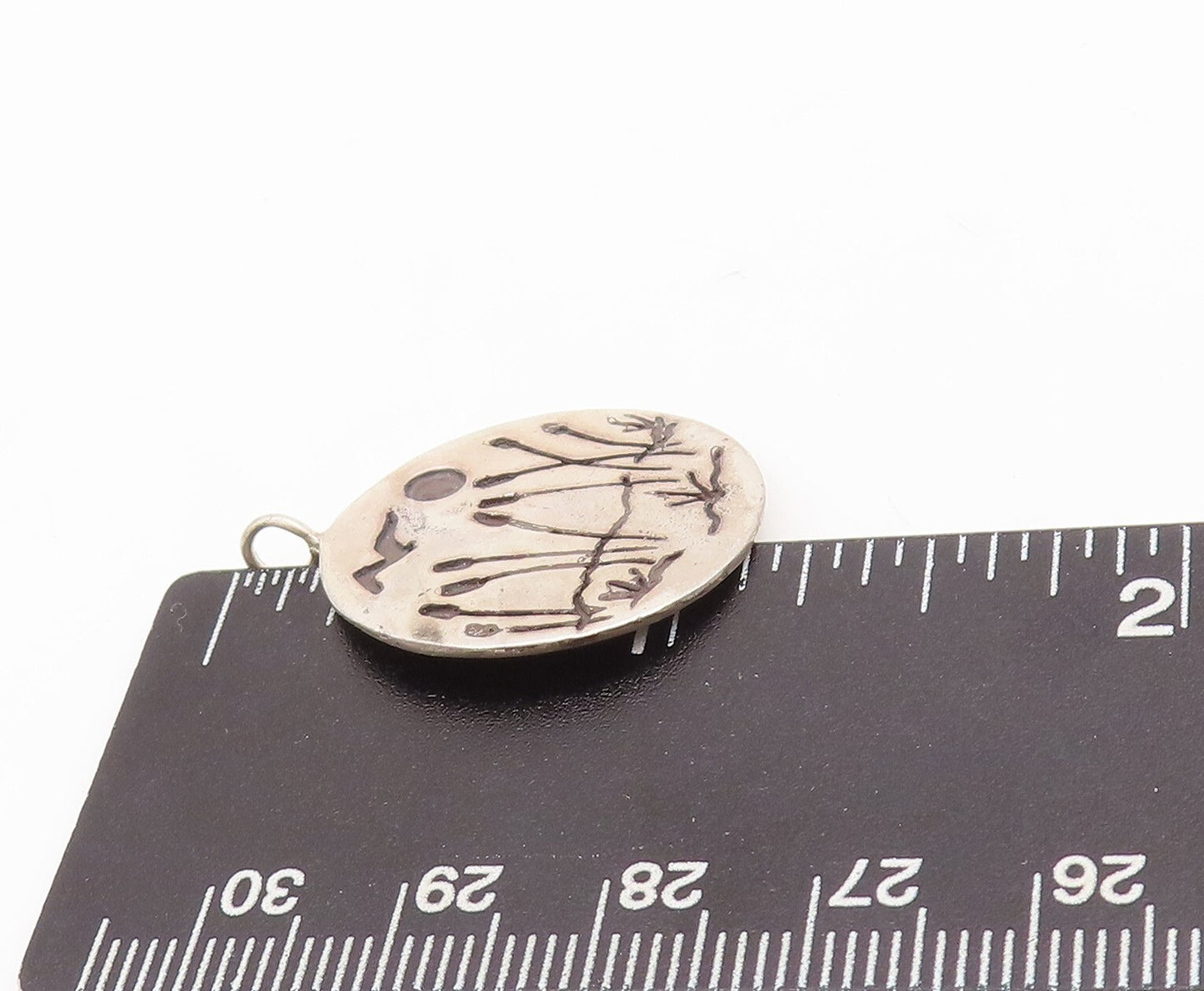 925 Sterling Silver Vintage Pendant Circular Slab Etched Landscape PT23471