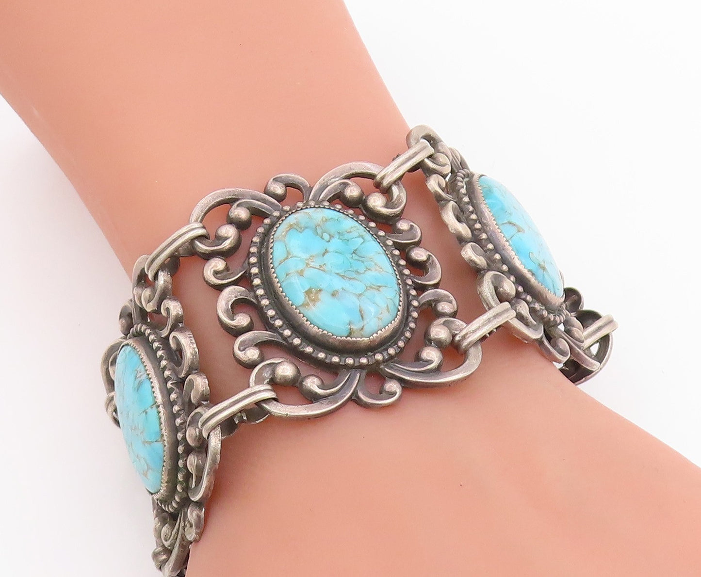 925 Sterling Silver Vintage Bracelet DANECRAFT Oval Turquoise Wide Link  BT11859