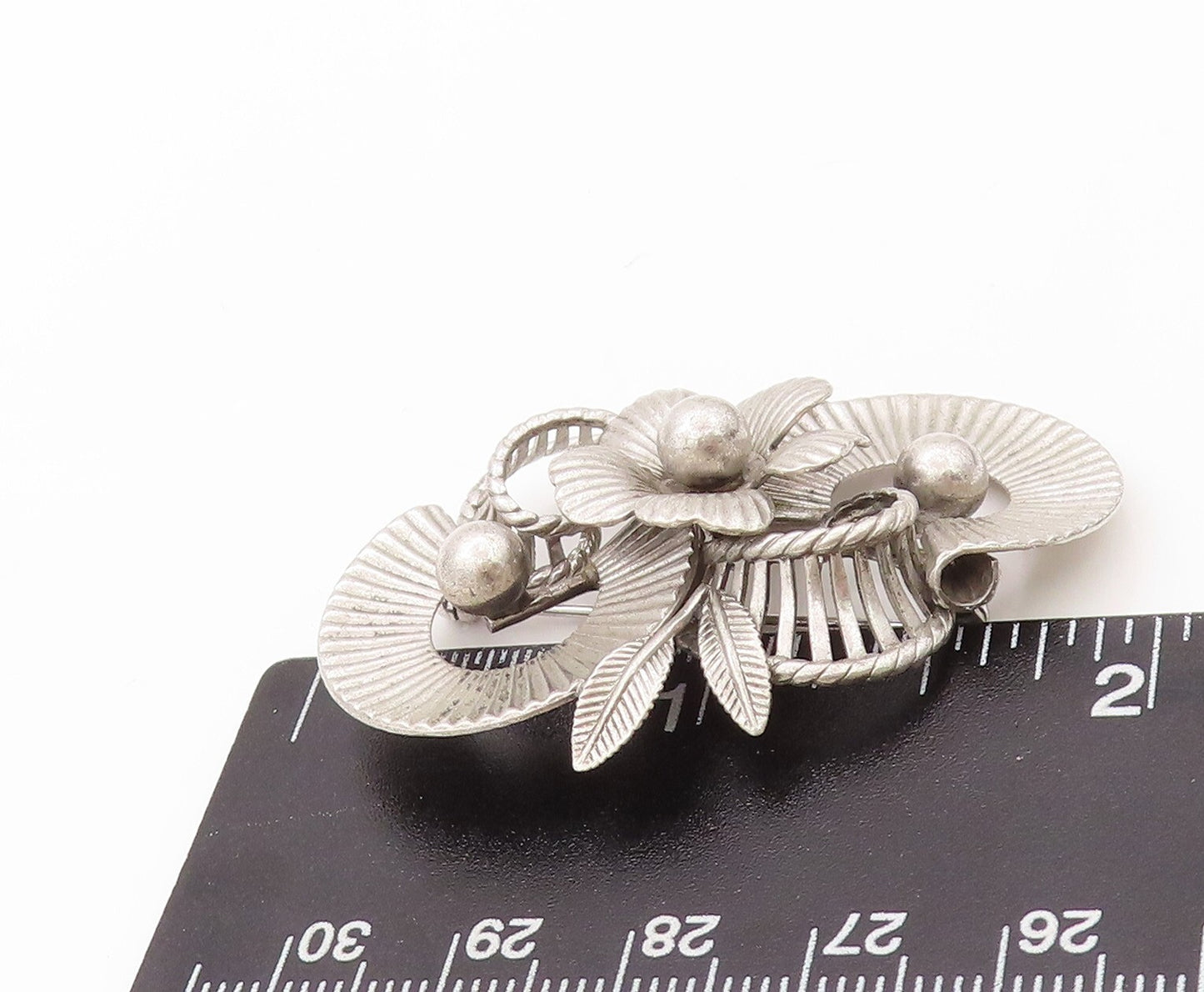 925 Sterling Silver Vintage Brooch Pin VAN DELL Grooved Floral Design  BP11163