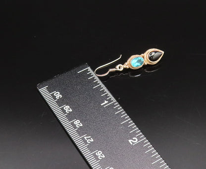 925 Silver  Vintage Oval Blue Topaz & Pear Shaped Onyx Drop Earrings  EG12224
