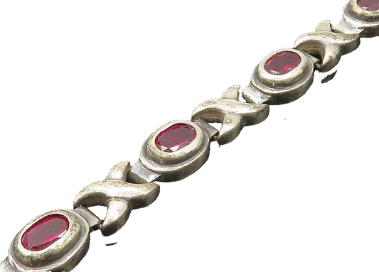 925 Sterling Silver  Vintage Pink Topaz XO Hugs & Kisses Chain Bracelet BT7982