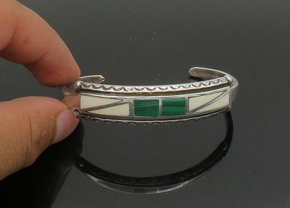 ZUNI NAVAJO 925 Sterling Silver Vintage Malachite & Agate Cuff Bracelet BT8943