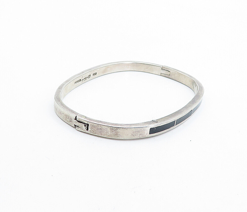 MEXICO 925 Sterling Silver Vintage Inlaid Black Onyx Oval Bangle Bracelet BT2021