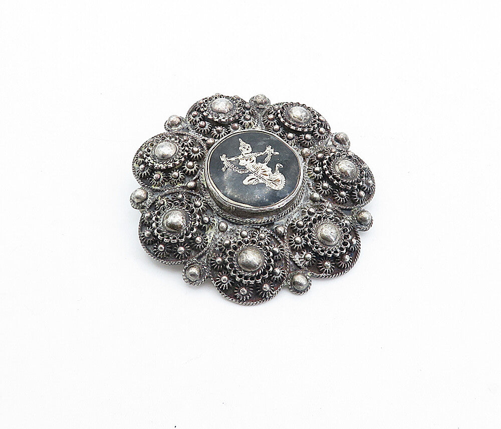 SIAM 925 Sterling Silver  Vintage Antique Niello Dancer Brooch Pin  BP1183
