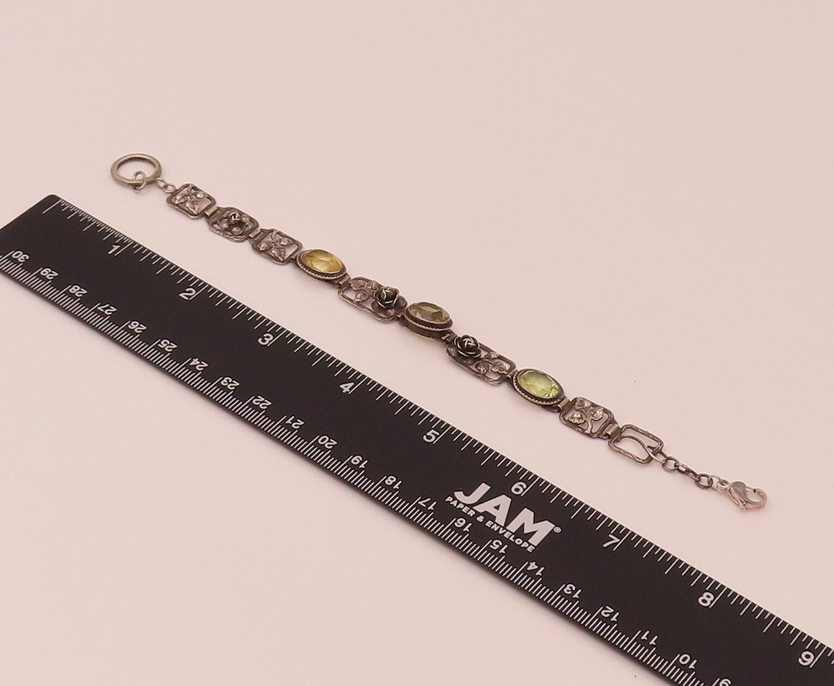 GERMANY 925 Silver  Vintage Rose & Leaf stencil Cutout Citrine Bracelet BT9839