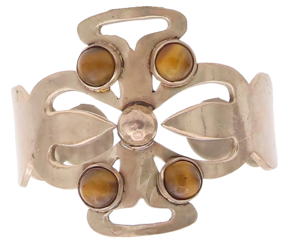 925 Sterling Silver Vintage Bracelet MEXICO Tiger's Eye Solid Floral Cut BT10184