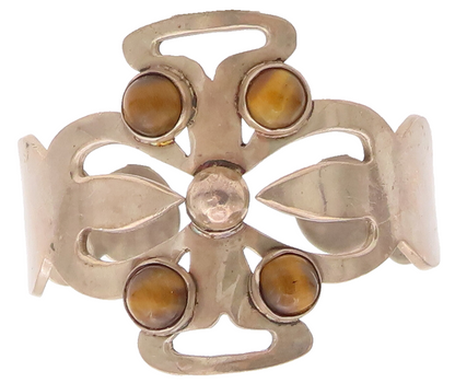 925 Sterling Silver Vintage Bracelet MEXICO Tiger's Eye Solid Floral Cut BT10184