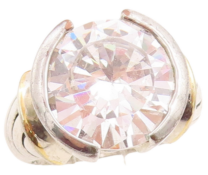 925 Sterling Silver Vintage Ring Etched Band Large Round Cut CZ  Sz 7  RG31486