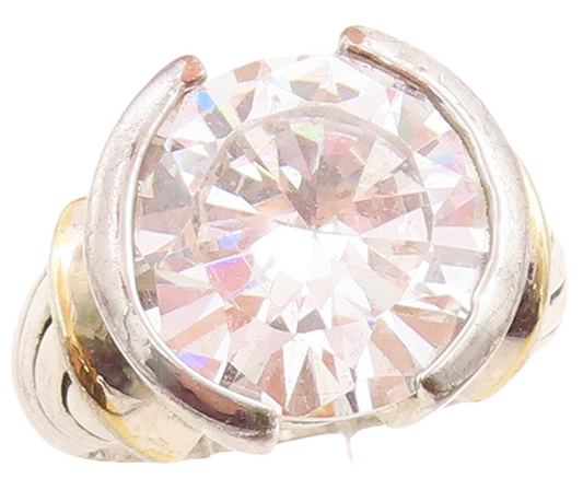 925 Sterling Silver Vintage Ring Etched Band Large Round Cut CZ  Sz 7  RG31486