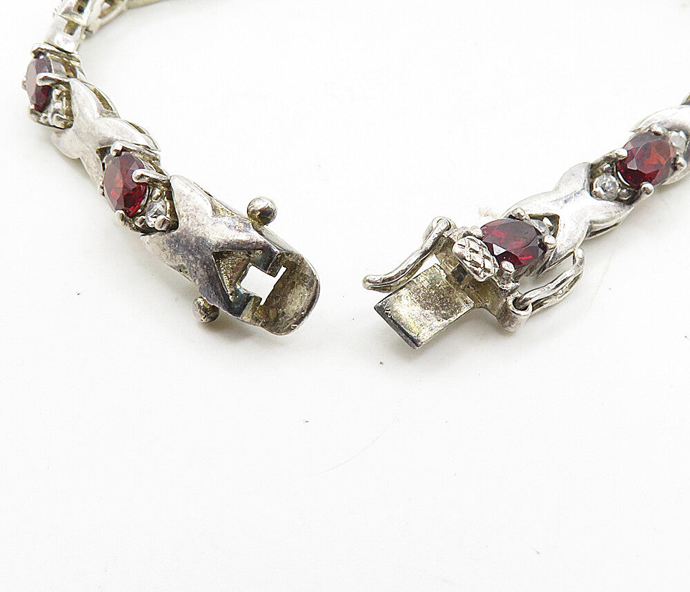 925 Sterling Silver  Vintage Red & White Topaz XO Link Chain Bracelet  BT4062
