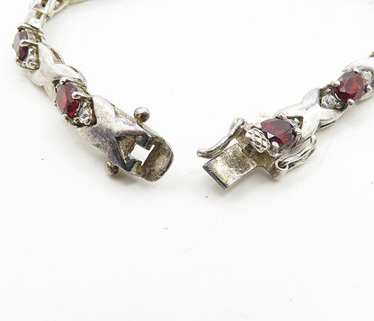 925 Sterling Silver  Vintage Red & White Topaz XO Link Chain Bracelet  BT4062