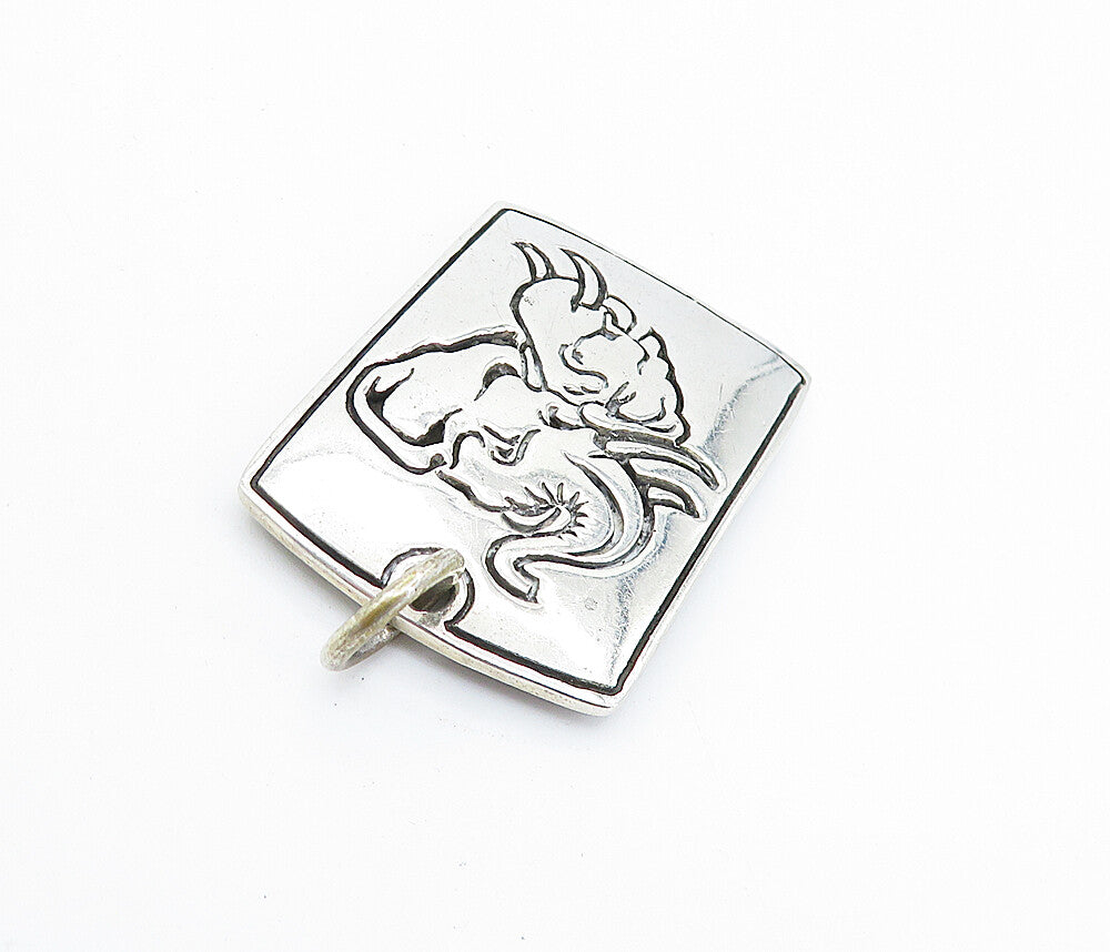 925 Sterling Silver  Vintage Shiny Etched Elephant Square Drop Pendant  PT5734