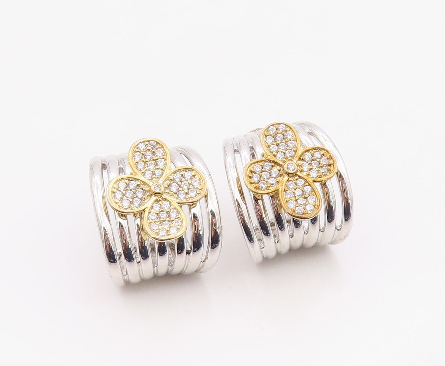 925 Sterling Silver Vintage Earrings Two Tone CZ Clover Cluster J Hoop  EG14370