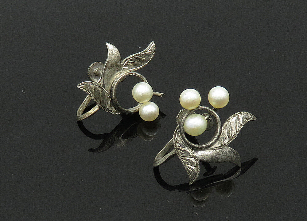 925 Silver  Vintage Antique Petite Pearls Floral Non Pierce Earrings  EG10389