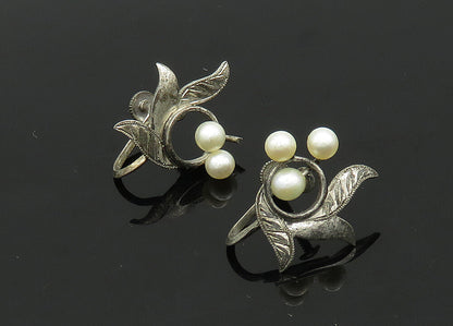 925 Silver  Vintage Antique Petite Pearls Floral Non Pierce Earrings  EG10389