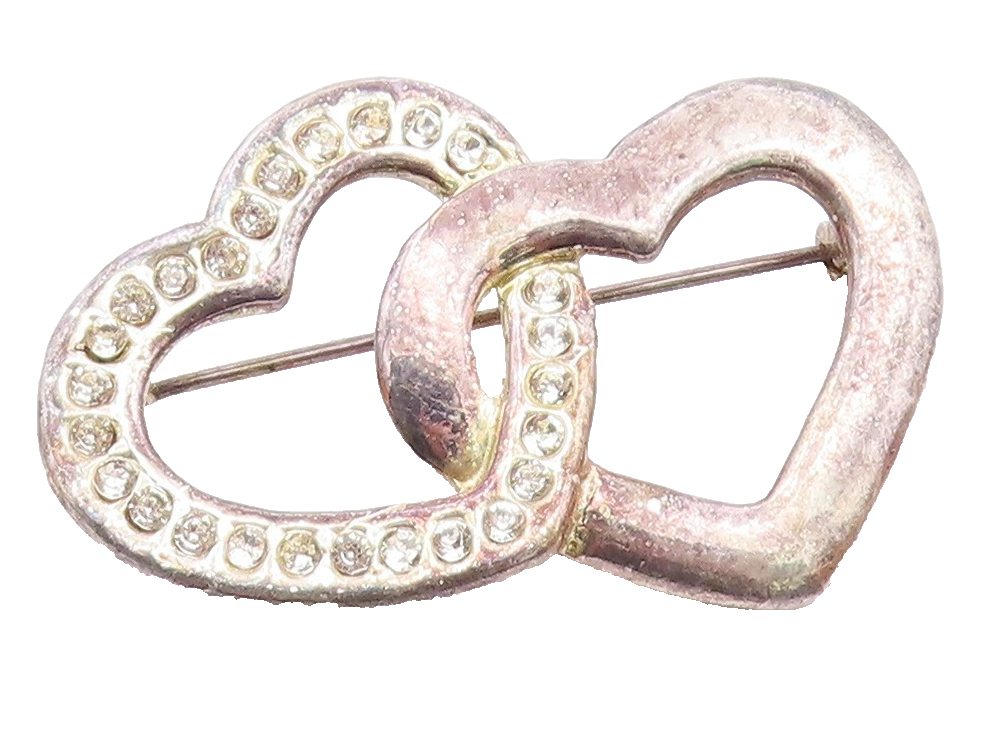 925 Sterling Silver  Vintage Shiny Topaz Open Love Hearts Brooch Pin  BP8189