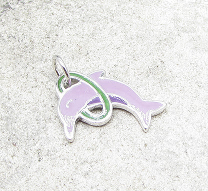 925 Sterling Silver  Enamel Hoop Jumping Dolphin Charm Pendant  PT1440