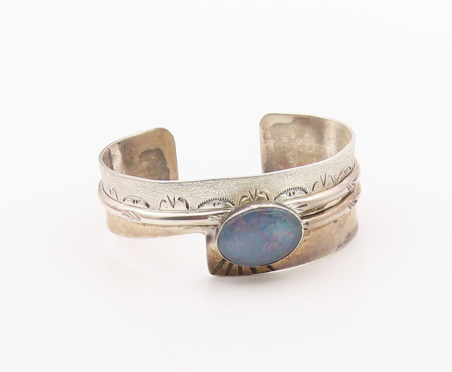 925 Sterling Silver Vintage Bracelet NAVAJO Fire Opal Arrow & Sunburst BT12098